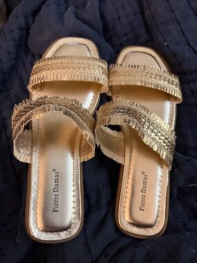 Pierre Dumas Metallic Gold Fringe Double-Strap Slide Sandals - Women